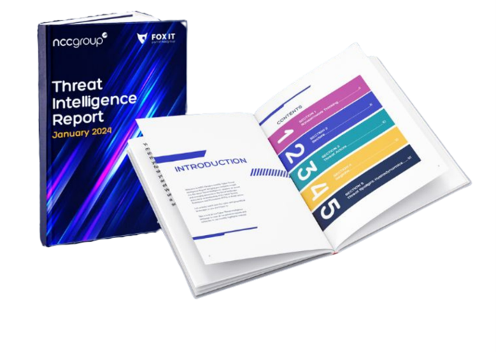 mock up of NCC Group's Threat Intelligence report cover and opened