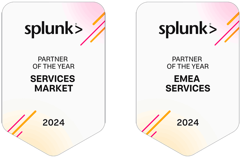 Splunk branded badges from their 2024 Service Partner Awards (Global Market Partner of the Year) (EMEA Services Partner of the Year)